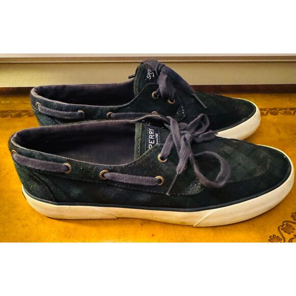 Sperry Womens Green Navy Plaid Topsiders Boat Deck Canvas Preppy Slip on Shoe 8 - Picture 2 of 6